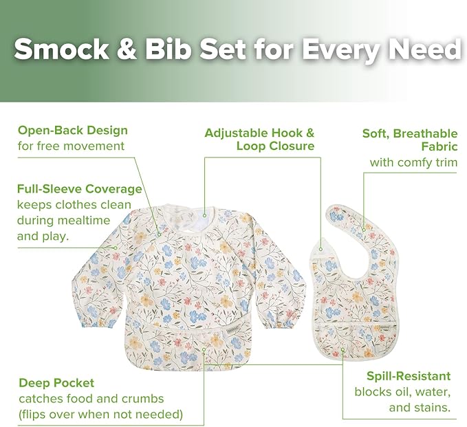 haakaa Long Sleeve Baby Bib, Waterproof & Adjustable Baby Smock Bib for Eating, Painting & Play, Easy Wipe Clean, 6–24M