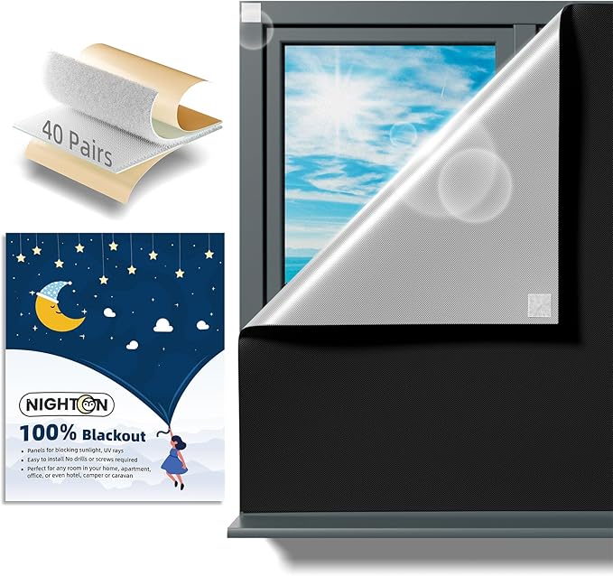NIGHTON Portable Blackout Curtains 71"×57" Strong Hook and Loop Tape Strips with Adhesive,Black out Shades That can be Cut,100% Blackout Material Blackout Blinds for Baby Nursery or Travel-Black 2Pack
