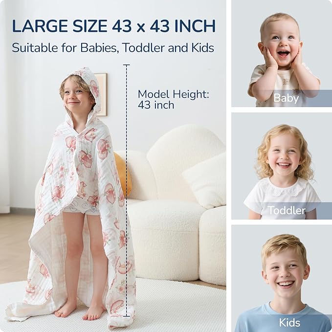 Toddler Hooded Bath Towels,100% Cotton Muslin Baby Towels for Boys Girls,Ultra Soft & Absorbent Quick Dry Kids Towel for Beach,Pool,Bathroom,Large 43x43 Inch