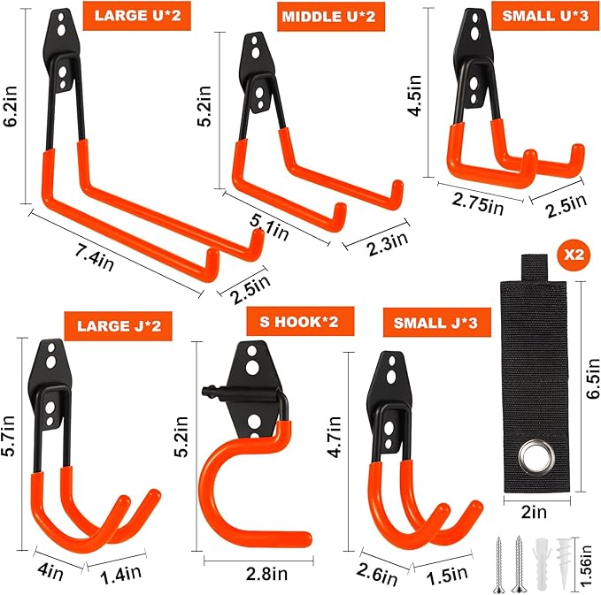 Garage Hook Heavy Duty Wall Storage Hangers, 16 Pack Garage Storage Hooks Steel Tool Organizer Orange for Ladders, Ropes, Garden Tools