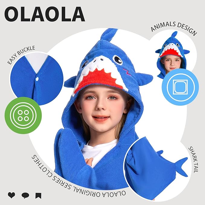 OLAOLA Shark Hooded Towel for Kids 3-12 Years, 28" x 53" Soft Thick Absorbent Beach Towels, Toddler Bath Towel Wrap, Swim Pool Towels Poncho for Boys Girls