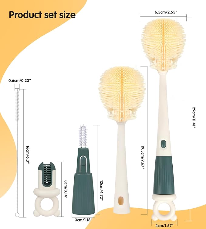 FURNIPLAS Long Handle Bottle Cleaning Brush Set, 4-in-1 Silicone Baby Bottle Cleaner Brush Kit, Multifunctional Water Bottles Washer for Travel, Baby Bottles, Breast Pump, Spout, Nipple & Straw