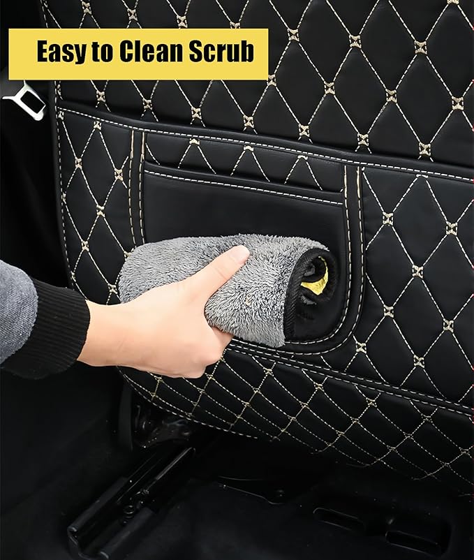 Leatherette Car Seat Protector - 2 Pack Large Car Kick Mats with Storage Pockets Organizer Seat Back Cover Against Dirty Shoes & Scratches, Universal Fit for Most Vehicles, Black with Beige Line