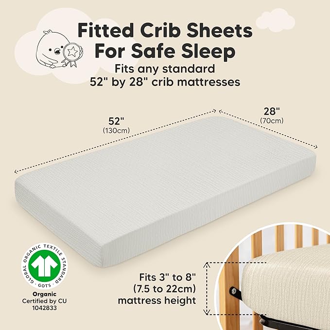 KeaBabies 2-Pack Muslin Crib Sheets for Boys, Girls - 100% Organic Cotton Fitted Baby Crib Mattress Sheet, Soft Breathable Standard Toddler Bed Cover Bedding Set, Neutral, Durable 52x28 (Greige)