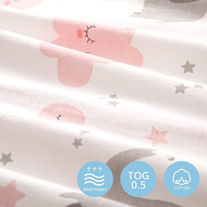 TILLYOU 2 Pack Infant Sleep Sack 0-6 Months 100% Cotton Wearable Blanket 0.5 TOG Sleeveless Summer Sleep Sacks with 2-Way Zipper, Pink Elephant & Cloud