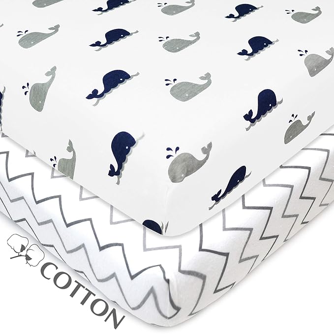American Baby Company 2 Pack 100% Natural Cotton Fitted Mini Crib Sheets 38" x 24" - Soft & Breathable Small Nesting Portable Sheets, Fits Pack N Play Mattress, Navy Whale/Gray Zigzag, for Boy & Girl