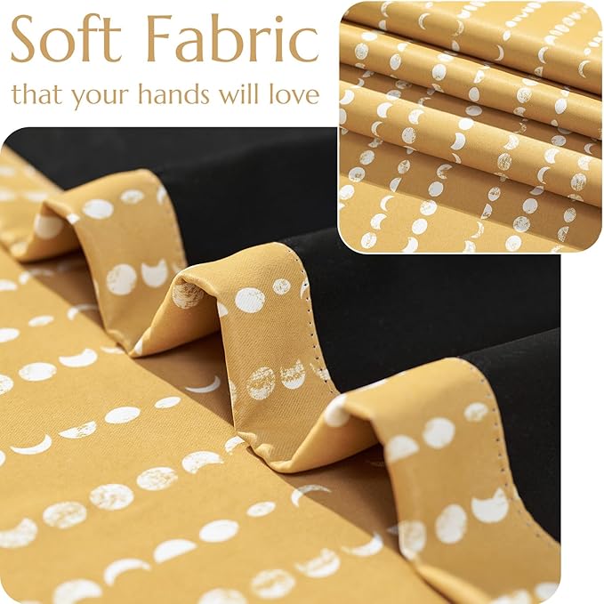 jinchan 95% Blackout Boho Curtains 63 Inch Length Moon Phases Printed Drapes Rod Pocket Thermal Insulated Curtains for Bedroom Nursery Mustard Yellow Window Drapes Curtain Set 2 Panels
