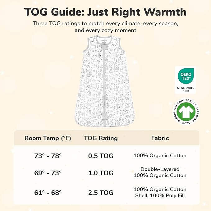 Baby Sleep Sack 1.0 TOG, Organic Cotton Baby Wearable Blanket with Two-Way Zipper, Swaddle Transition Baby Sleeping Bag, All-Season Sleep Sack for Newborn Infant Toddler Boy Girl, 6-12 Months, 1-Pack