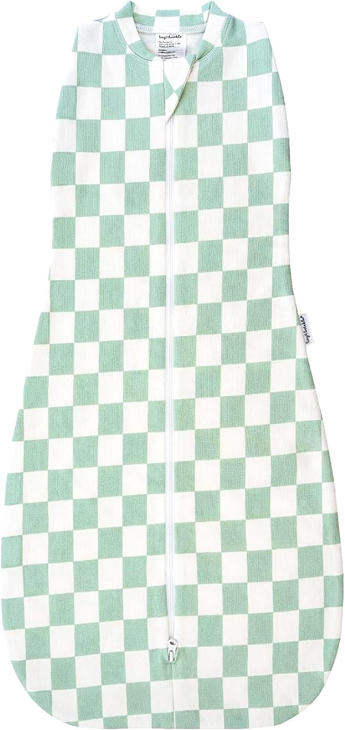 Tiny Twinkle Baby Sleep Sack 6-12 Months | 1.0 TOG, Cotton & Elastane Wearable Blanket | Swaddle Transition Micro-Fleece, Machine Washable (Sage Checkers)