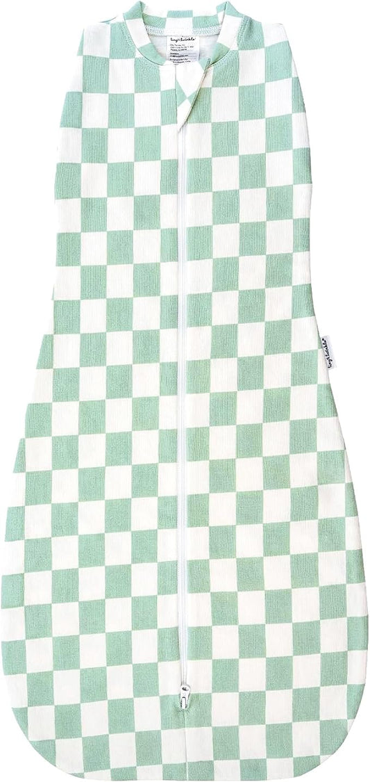 Tiny Twinkle Baby Sleep Sack 0-3 Months 1.0 TOG, Cotton & Elastane Wearable Blanket, Swaddle Transition Micro-Fleece, Machine Washable (Sage Checkers)