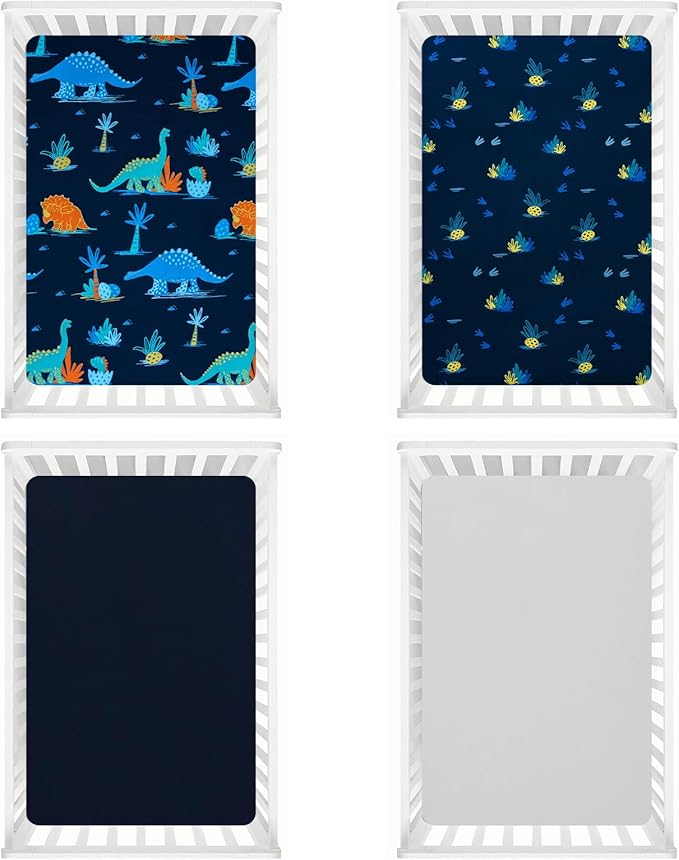 david's kids 4 Pack Fitted Crib Sheets, Ultra Soft Breathable Comfortable Baby Sheet Set for Boys Girls Neutral, 28x52 Inch Fits Standard Crib and Toddler Mattresses, Navy Dinosaur