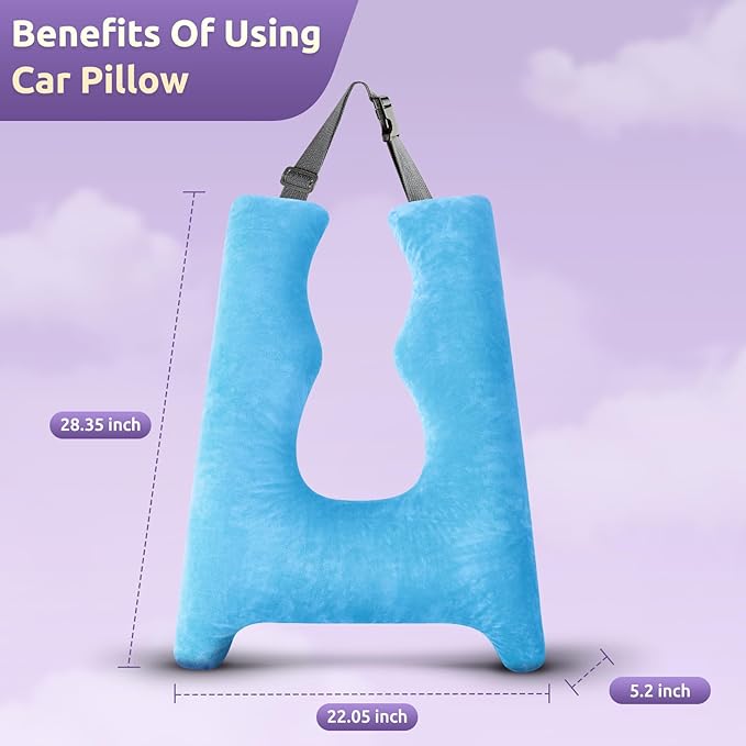 Car Pillow for Kids, Travel Pillow with Adjustable Strap, Kids Floor Pillows Cushions for Adults and Children to Support Head and Body Road Trip Essentials (Blue)