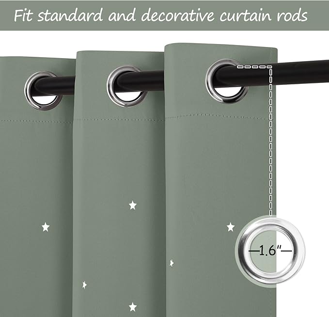 NICETOWN Sage Green Blackout Galaxy Curtains 84 inch for Nursery Bedroom, Soundproof Kids Room Darkening Grommet Curtain Drapes for Living Room, 2 Panels, 42" Wide