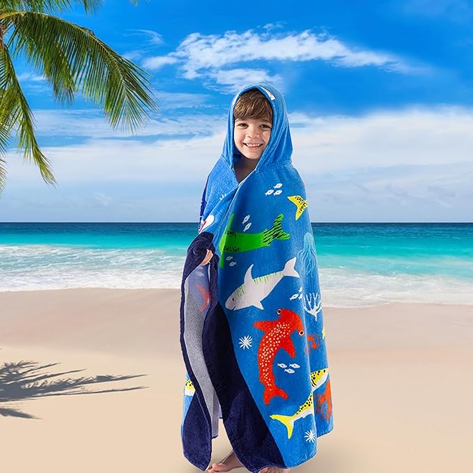 VOOVA & MOVAS Hooded Towel for Toddlers 3-8 Years,30''X50'',Soft | Thick | Cotton | Absorbent | Large Beach | Pool | Bath | Swim Towels | Cover up for Boys, Shark Fish