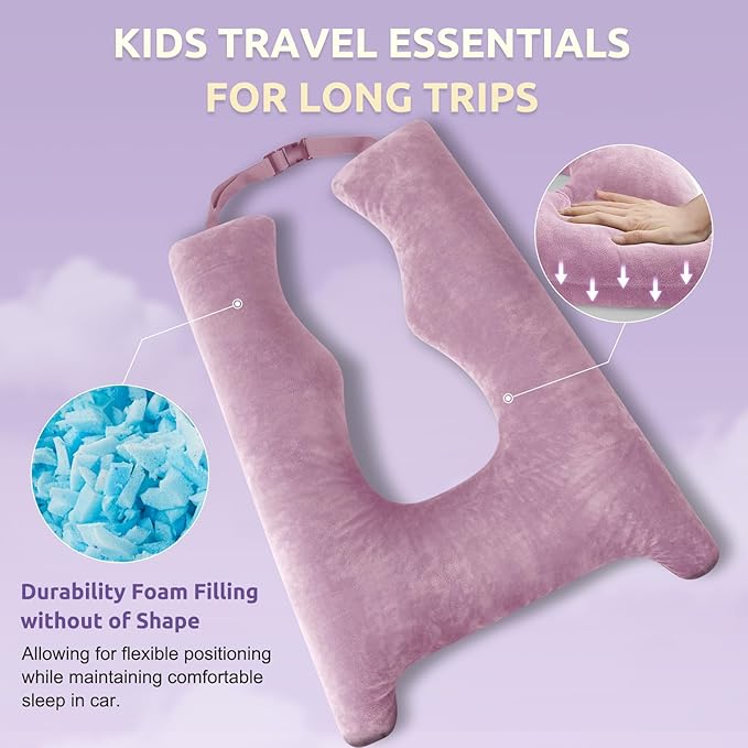 Car Pillow for Kids, Travel Pillow with Adjustable Strap, Kids Floor Pillows Cushions for Adults and Children to Support Head and Body Road Trip Essentials (Purple)