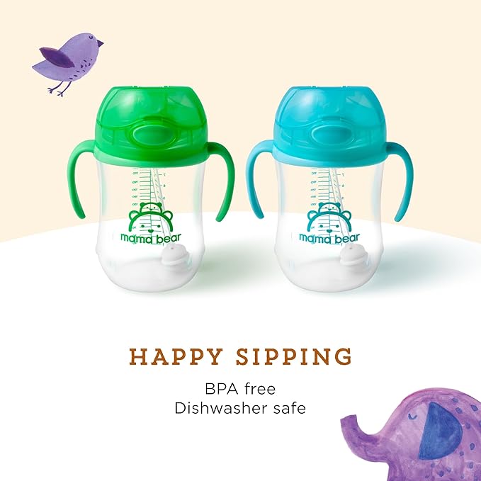 Amazon Brand - Mama Bear Silicone Weighted Straw Sippy Cup, 9 Ounces, Blue/Green (Pack of 24)