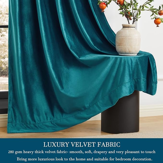 PRIMROSE Teal Velvet Curtains 102 inch Long for Living Room,Set of 2 Panels Blackout Rod Pocket Back Tab Window Treatment Room Darkening Heavy Decorative Curtains Drapes for Bedroom