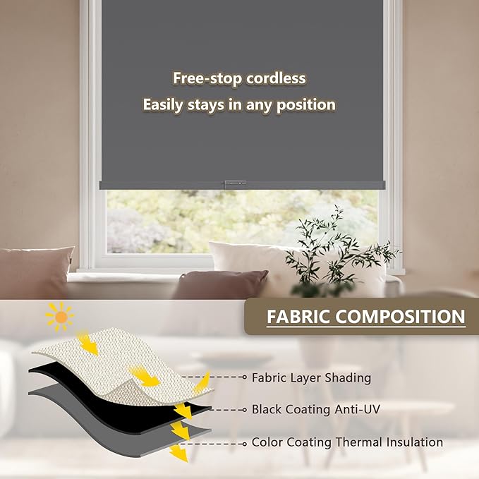 Cordless Blackout Roller Shades Blinds for Windows Free-Stop,Pull Down Room Darkening with Valance,Thermal Insulated Woven Fabric Window Door Blinds for Home,Office,Grey 55" W x 72" L