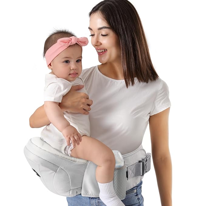 HKAI Baby Hip Carrier,Baby Carrier with Adjustable Waistband & Breathable Mesh, Ergonomic Carrier with Non-Slip Hip Seat Surface for Newborns & Toddlers (Light Grey)