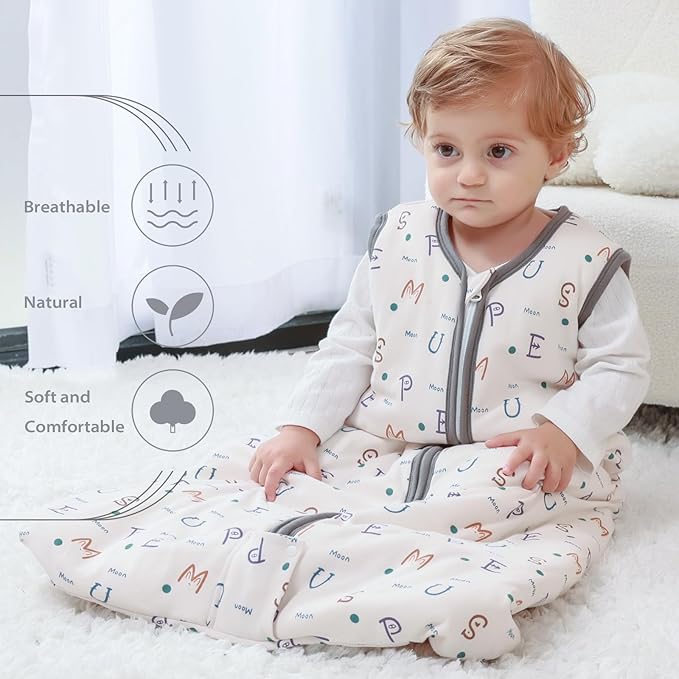 Mosebears Sleep Sack Baby Winter Wearable Blanket with 2-Way Zipper,2.5 TOG Cotton Sleep Sack Unisex (Alphabet, 6-12 Months)