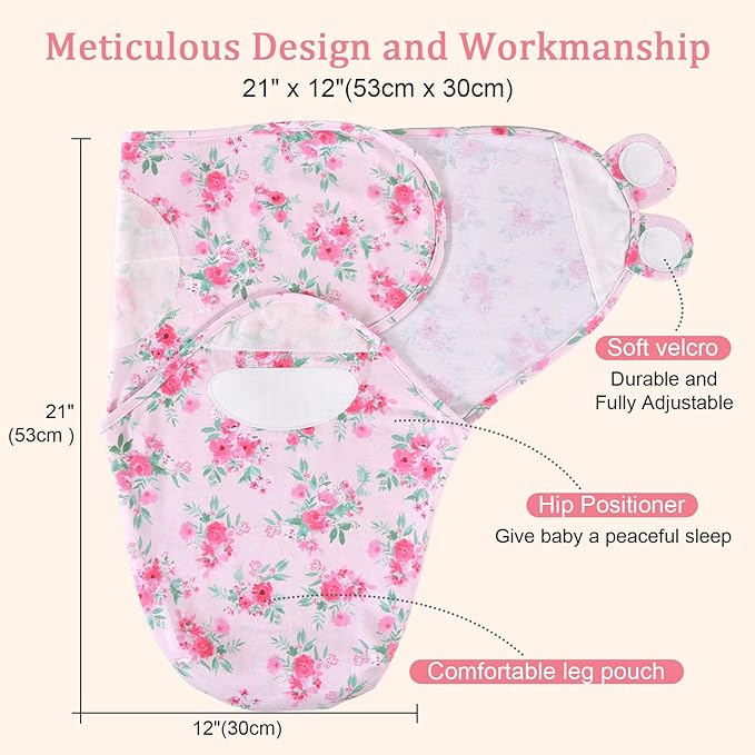 david's kids 100% Cotton 3 Pack Baby Swaddle Wrap for 0-3 Months, Soft Breathable Swaddle Blanket for Newborn Infant, Adjustable Baby Wrap Sleep Sacks for Girls, Newborn Essentials, Floral