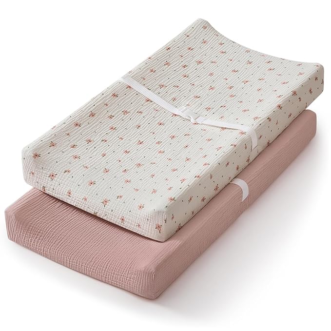 Blissful Diary Muslin Changing Pad Cover for Girls Boys, Ultra Soft Breathable Cotton, Baby Diaper Change Table Pad Covers, 2Pack (Pink Floral & Light Pink)