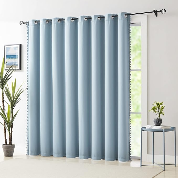 Treatmentex 100% Blackout Curtain Blue Sliding Door Curtains Pom Pom Extra Wide Glass Door Curtains for Living Room Energy Efficient Thermal Patio Door Drapes Grommet Top 1pc 100x84 Light Blue