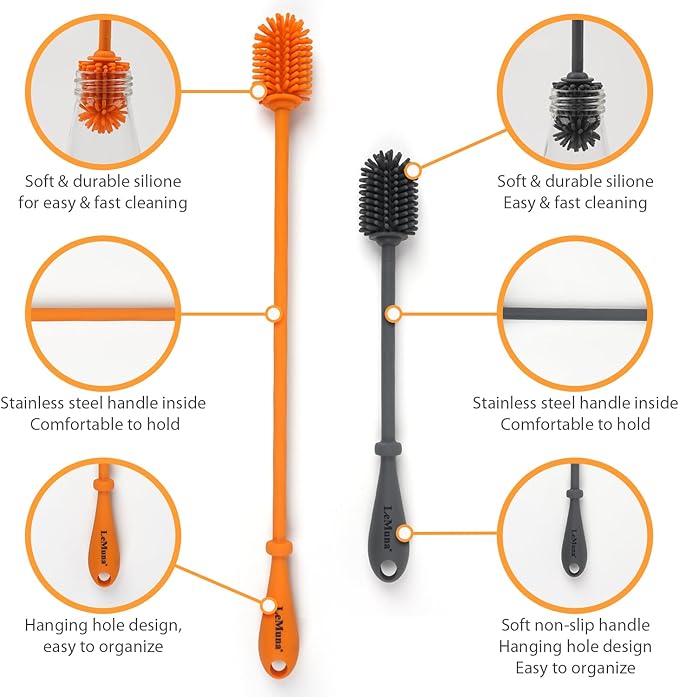 LeMuna Silicone Bottle Brush Set - Silicone Straw Brush for Narrow Neck, Hydro Flask, Sports Bottle & Glassware