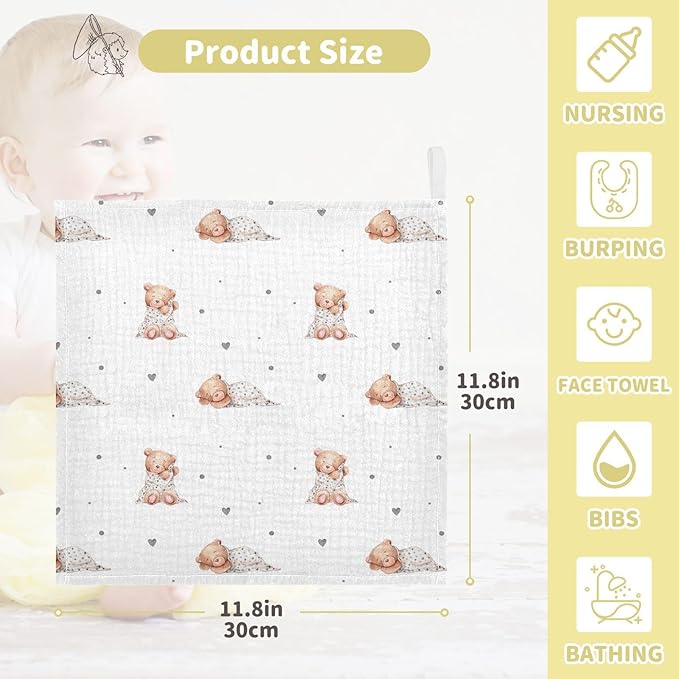 vvfelixl Baby Washcloths Cotton Cute Sleeping Teddy Bears Baby Muslin Washcloths Soft Baby Face Towel for Newborn Infants Baby Wipes, 11.8 X 11.8 inch, one sizex5