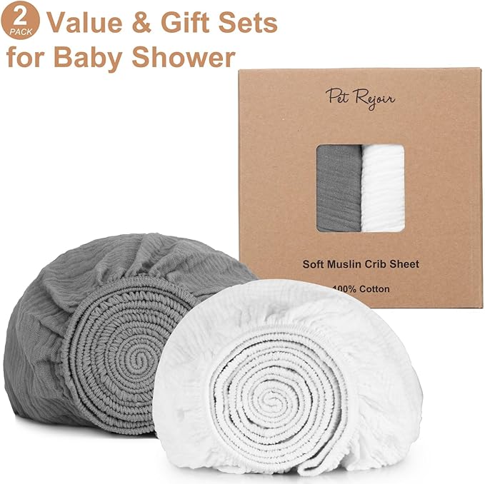 PET REJOIR 2 Pack Muslin Fitted Crib Sheets for Baby Girls & Boys-Neutral Breathable Crib Mattress Protector for Standard Crib Mattress(28"x 52")-Soft No Slip Cotton Toddler Bedding-Gray & White