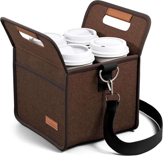 Fluxynara 4-Cup Reusable Felt Drink Carrier with Handle and Adjustable Shoulder Strap, Drink Holder for Car, Multi-Cup Drink Carrier Bag for Delivery, Travel, Picnics (Coffee Brown)