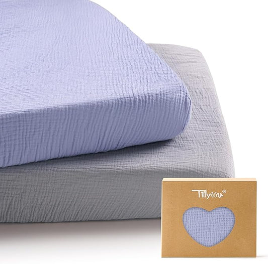 TILLYOU Muslin Mini Crib Sheets 2 Pack, Pack and Play Mattress Sheets Fitted for Pack N Play, 38 x 26 Sheet for Toddler, Grey and Blue