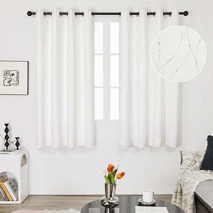 Deconovo White Kitchen Curtains, Room Darkening Curtain, Thermal Insulated Soundproof Drapes, Wave Dots Silver Print, 52 x 45 Inch, Machine Washable Window Panels for Small Windows Nursery, Set of 2