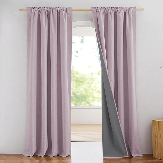 NICETOWN Pink Vintage Linen 100% Blackout Curtains for Living Room, 52" Wide Per Panel, Set of 2, Thermal Insulated Curtains 84" Long, Noise Reducing Window Treatment Drapes for Hall Room