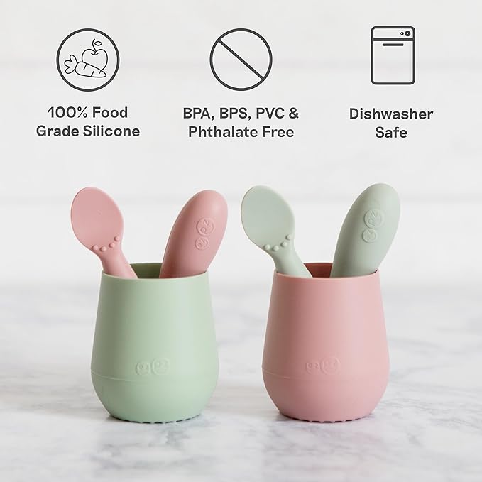 ezpz Tiny Spoon (2 Pack in Pewter) - 6 Months+ - 100% Silicone Spoon for Baby Led Weaning + Purees - Designed by a Pediatric Feeding Specialist - Shower Essentials & Gifts