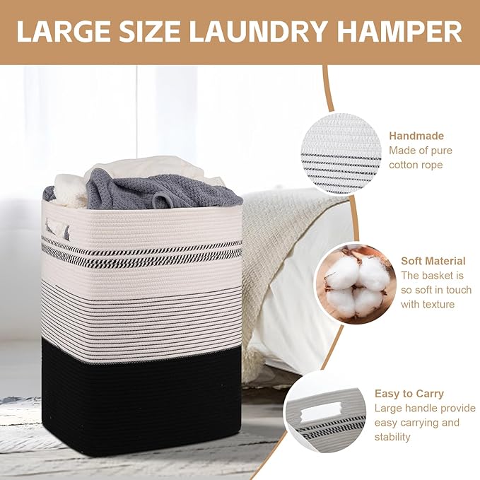 Laundry Basket, Large Woven Rope Tall Laundry Basket with Handles, Decorative Storage Basket for Clothes and Blankets in Living room, Bedroom