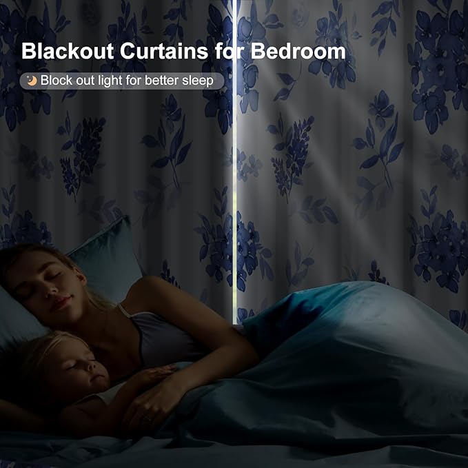 Blackout Curtains 84 inch Length 2 Panels Set, Blue Floral Print Thermal Privacy Grommet Winter Black Out Curtains for Bedroom with Black Liner, Rustic Soundproof Window Drapes for Living Room Nursery