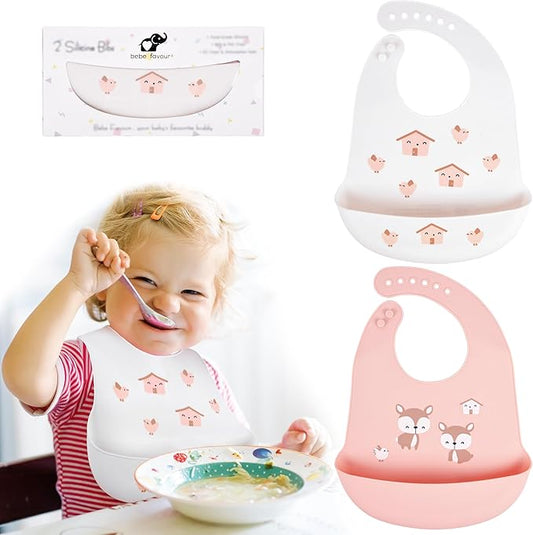 BEBE FAVOUR 2 Pack Silicone Baby Bibs Adjustable Fit Waterproof Bib With Leak Proof Food Pouch Catcher for Eating Boys Girls