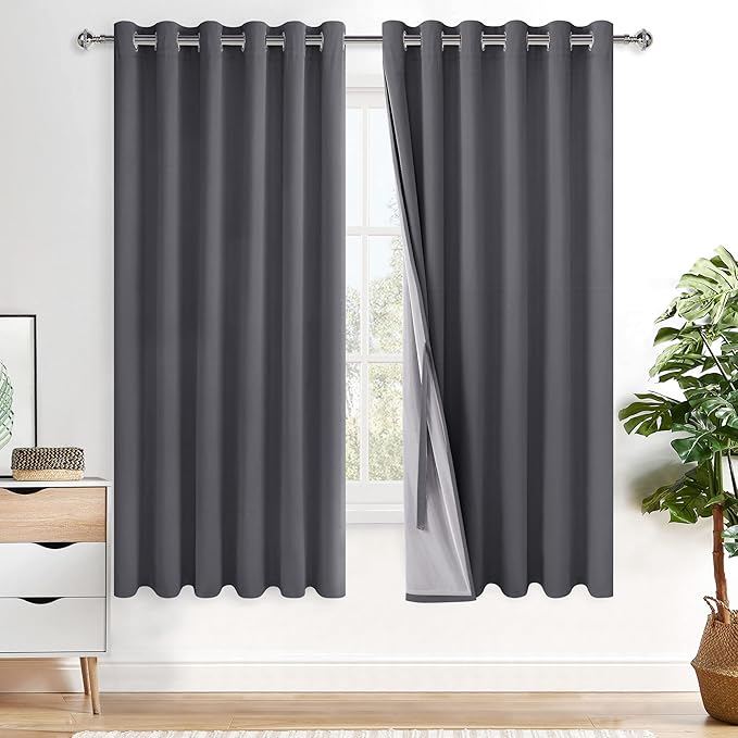 XWZO Full Blackout Curtains 63 Inches Long with Tiebacks- Full Light Blocking & Energy Efficiency Extra Wide Window Draperies Grommet Top with Black Liner for Bedroom, Dark Grey, W70 x L63, Set of 2
