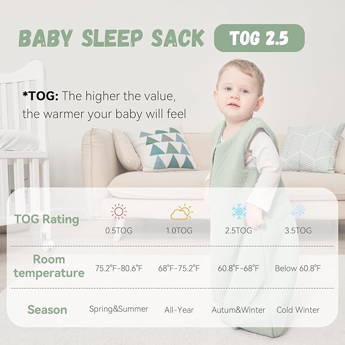 Yoofoss Baby Wearable Blanket TOG 2.5 Winter Sleep Sack 18-24 Months, 100% Organic Cotton Toddler Sleeping Sack with 2-Way Zipper Warm Quilted Sleep Sack