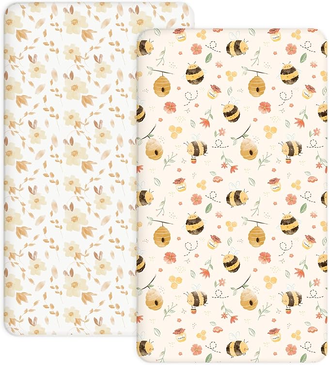 Pack and Play Sheets 2 Pack, Fitted Jersey Knit Mini Crib Sheets for Baby Boys and Girls, Compatible with Graco Pack N Play and Mini Crib Mattress (Honeybee Dreams, Pack N Play/Mini Crib Sheets)