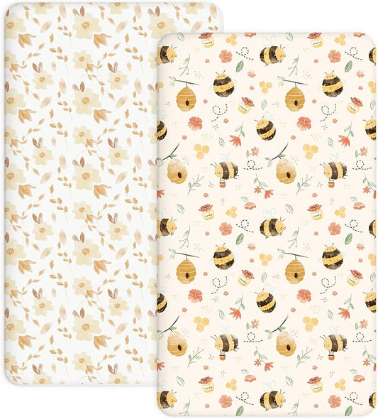 Pack and Play Sheets 2 Pack, Fitted Jersey Knit Mini Crib Sheets for Baby Boys and Girls, Compatible with Graco Pack N Play and Mini Crib Mattress (Honeybee Dreams, Pack N Play/Mini Crib Sheets)