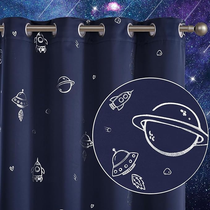 Vangao Navy Blue Kids Curtains for Boys Bedroom Space Theme Blackout Curtains for Kids Nursery Girls Room 72 Inches Length Silver Foil Print Drapes Grommet Top Window Treatments Set 2 Panels