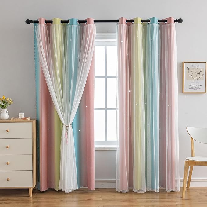 Star Girl and Kids Curtains for Bedroom Rainbow Ombre Double Layer Cute Shot Nursery Darkening Grommet Princess Room Décor 2 Panels Living Room Window Curtain （Blue Pink 52W x 84L）