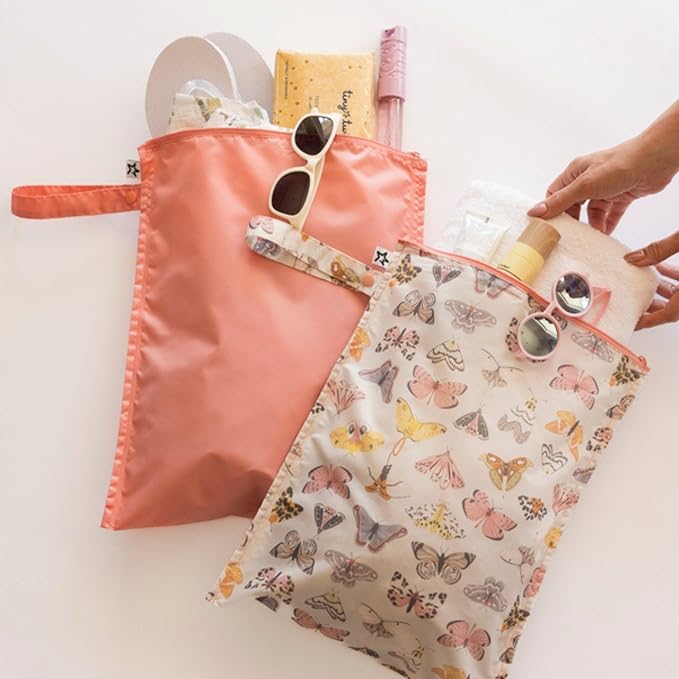Tiny Twinkle Mess Proof Wet Bags | 2-Pack Reusable Waterproof Wet Bags for Swimsuits | Baby Clothes | Travel & Diaper Bag (Flutter)