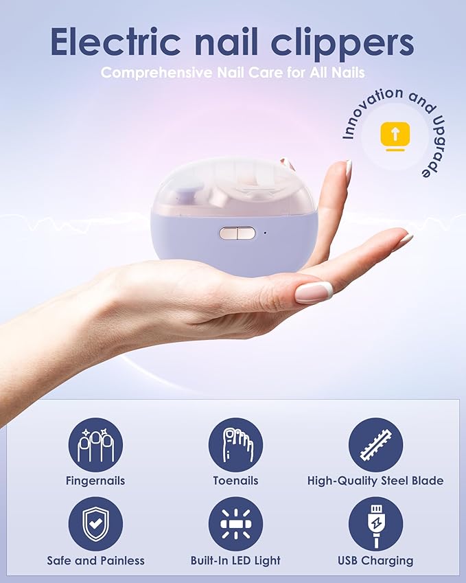 Electric Nail Clipper Upgraded 3 in 1 Automatic - with Polishing, Dust Storage & LED Light, Nail File Toenail Trimmer, Gifts for Women Men Mom Her Him Kids Adults Senior Baby Teacher Students (Purple)