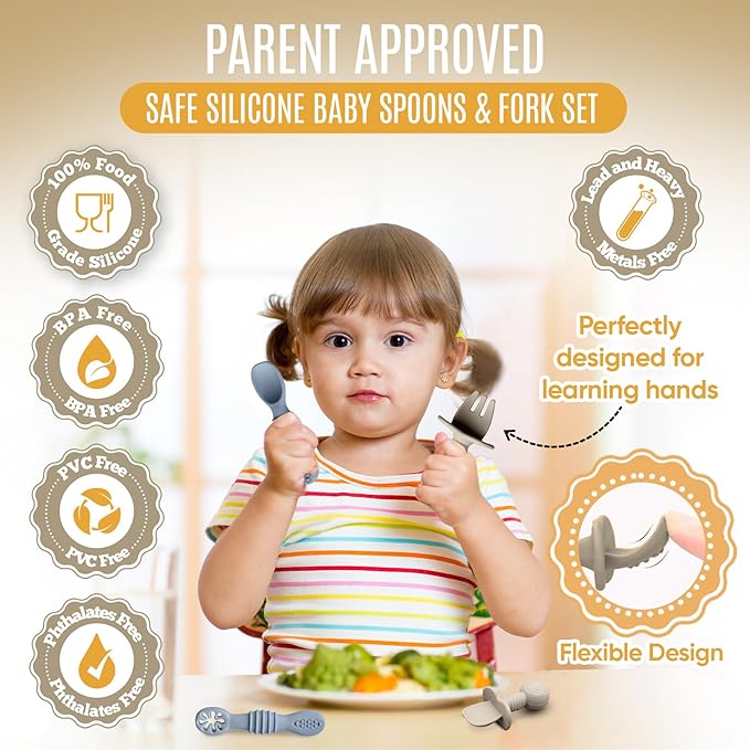 HippoBaby 4pc Silicone Baby Spoons Self Feeding Baby Utensils 6-12 Months - 3 Baby Spoon - 1 Baby Fork - Toddler Cutlery Set - BPA Free, Dishwasher Safe - Baby Eating Essentials (Gray/Beige)