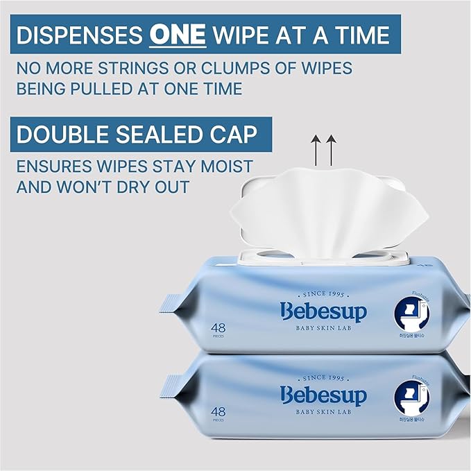 BEBESUP- Korea’s #1 Flushable Wipes- 100% Plant-Based Hypoallergenic Biodegradable 99% Water-Based Extra-Thick Organic Wipes Unscented for sensitive skin Flip-Top (1 Pack)