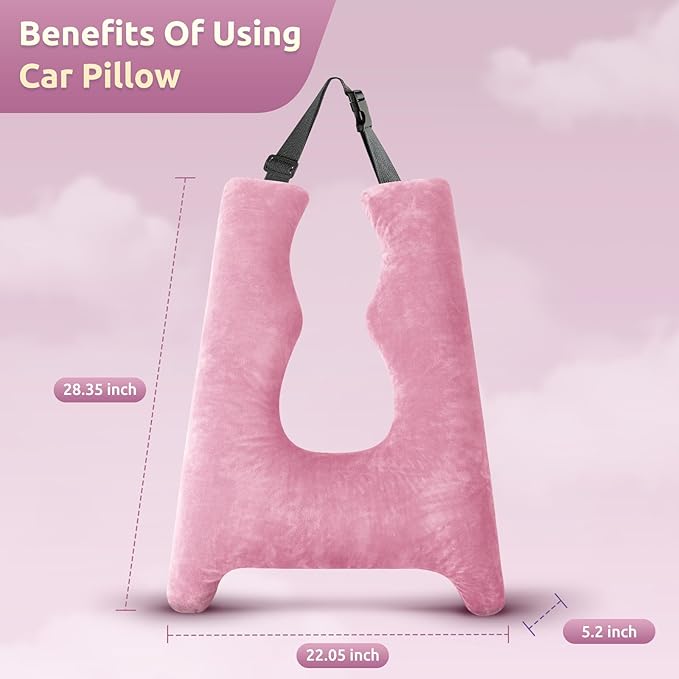 Car Pillow for Kids Travel Pillow with Adjustable Strap, Kids Floor Pillows Cushions for Adults and Children to Support Head and Body Road Trip Essentials (Pink)