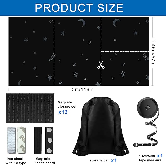 Magnetic Blackout Shades Temporary Blackout Curtains 100% Blackout Blind Window Cover for Windows and Doors, Cut to Any Size/Shape (118"x57") (Moon & Stars)